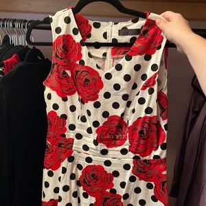 Fit and flare floral with black polka dot dress